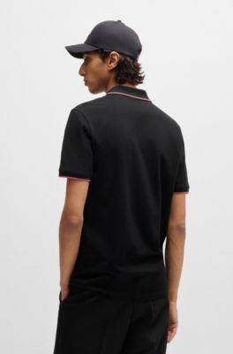 Stretch-cotton slim-fit polo shirt with contrast trims, Black