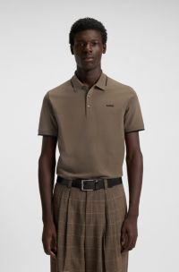 Polo slim fit in cotone elasticizzato con logo stampato, Marrone