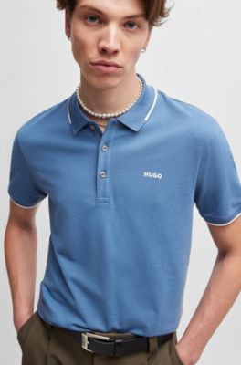 Stretch-cotton slim-fit polo shirt with contrast trims, Blue