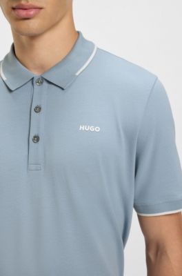 Stretch-cotton slim-fit polo shirt with contrast trims, Light Blue
