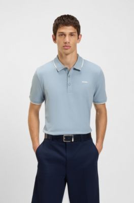 Stretch-cotton slim-fit polo shirt with contrast trims, Light Blue