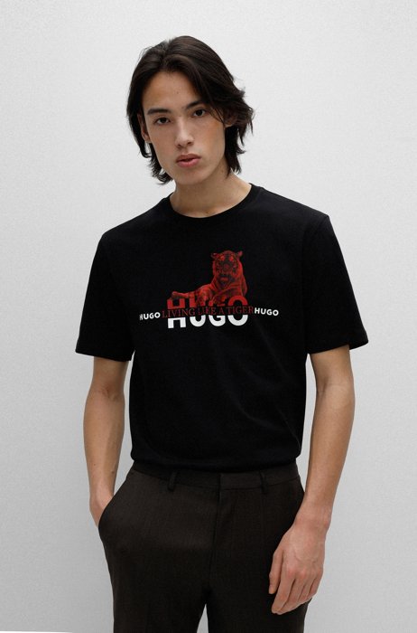 T-Shirt aus Bio-Baumwolle mit Logo und Tiger-Artwork, Schwarz