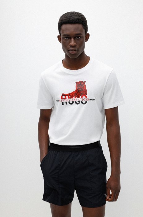 T-shirt van biologische katoen met logo en tijger-artwork, Wit