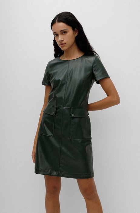 Faux-leather short-sleeved dress with flap pockets, Dark Green