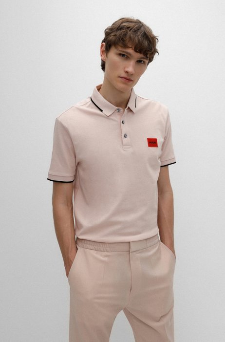 Cotton-piqué slim-fit polo shirt with red logo label, light pink