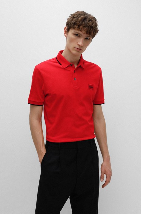 Cotton-piqué slim-fit polo shirt with red logo label, Red