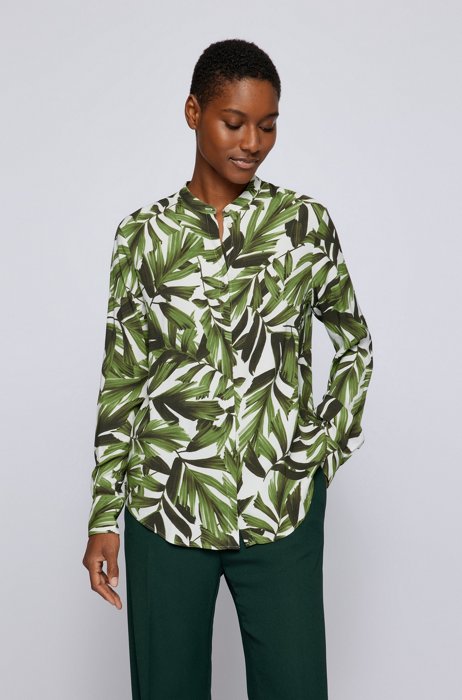 Palm-print relaxed-fit blouse with roll-up sleeves, Green Patterned