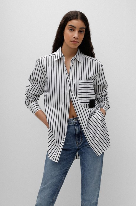 Oversized-fit blouse in striped cotton with logo patch, White Patterned