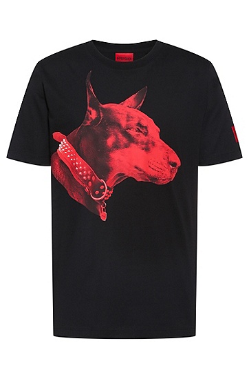 狗狗艺术图案装饰平纹针织棉质 T 恤,  001_Black