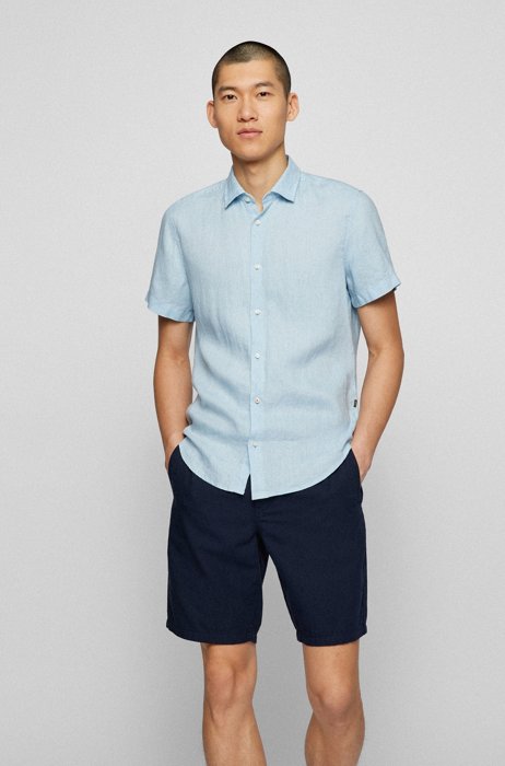 Regular-fit short-sleeved shirt in pure linen, Light Blue