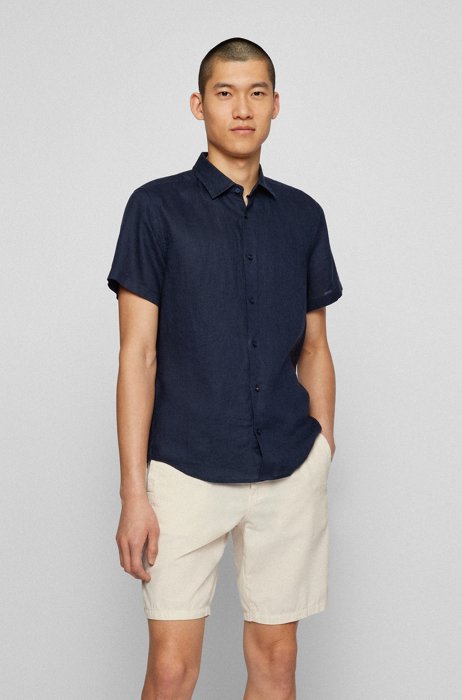 Regular-fit overhemd met korte mouwen van zuiver linnen, Donkerblauw