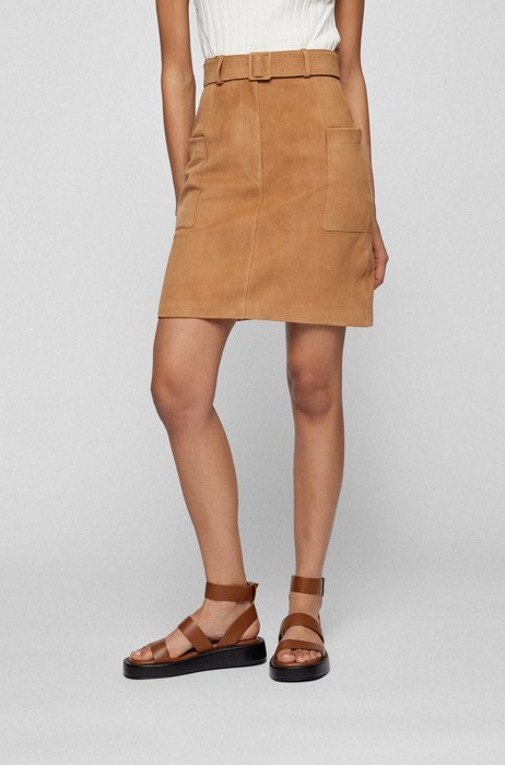 Belted suede skirt with leather-covered buckle, Light Brown