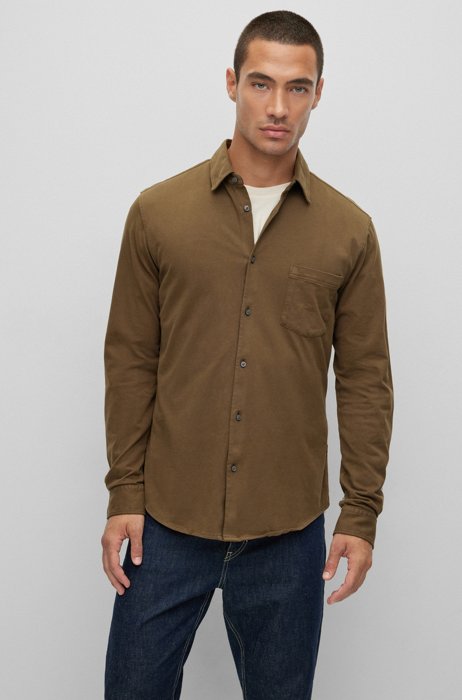 Slim-fit shirt in cotton jersey with rubberised buttons, Dark Green