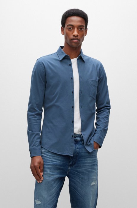 Slim-fit shirt in cotton jersey with rubberised buttons, Blue