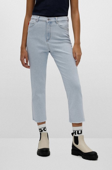 Relaxed-fit jeans in blue denim with frayed hems, Light Blue