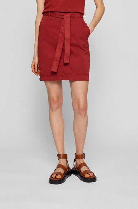 Belted chino mini skirt in stretch cotton, Dark Red