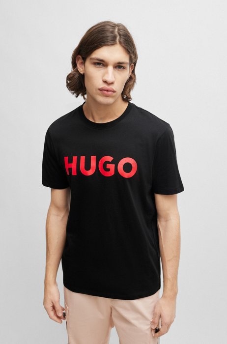 Regular-Fit T-Shirt aus Baumwoll-Jersey mit Kontrast-Logo, Schwarz