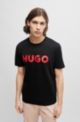 Camiseta regular fit en punto de algodón con logo en contraste, Negro