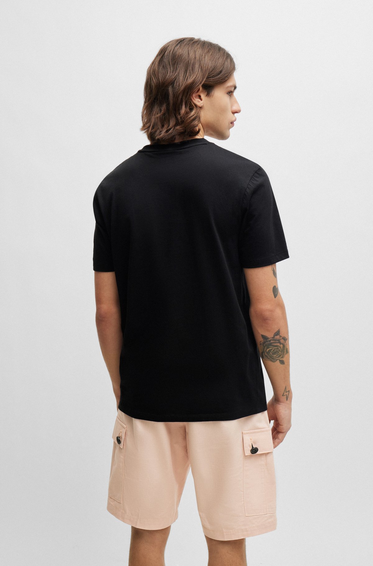 Camiseta regular fit en punto de algodón con logo en contraste, Negro