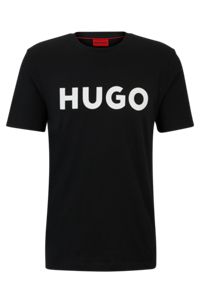 Camiseta regular fit en punto de algodón con logo en contraste, Negro