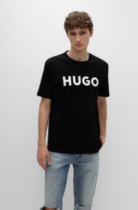 Camiseta regular fit en punto de algodón con logo estampado, Negro