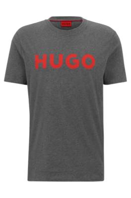 Hugo Cotton-jersey Regular-fit T-shirt With Contrast Logo In Gray