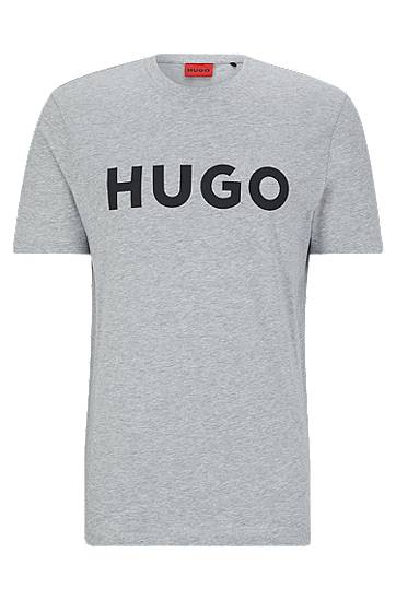 Hugo Cotton-jersey Regular-fit T-shirt With Contrast Logo In Gray