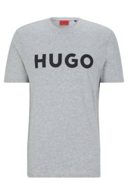 Hugo Cotton-jersey Regular-fit T-shirt With Contrast Logo In Gray