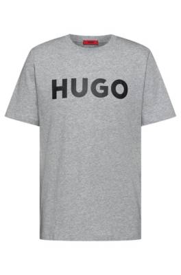 Hugo Cotton-jersey Regular-fit T-shirt With Contrast Logo In Gray