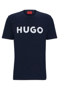 Camiseta regular fit en punto de algodón con logo en contraste, Azul oscuro