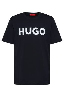 Hugo Cotton-jersey Regular-fit T-shirt With Contrast Logo In Blue