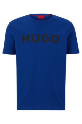 Hugo Cotton-jersey Regular-fit T-shirt With Contrast Logo In Blue