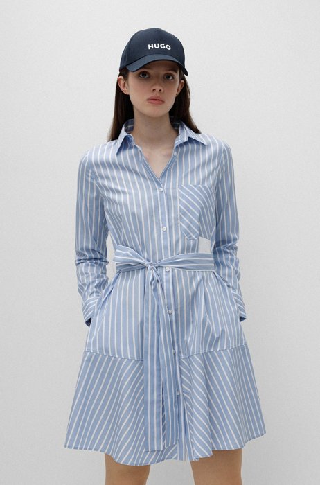 Striped-cotton shirt dress with logo patch, Blue