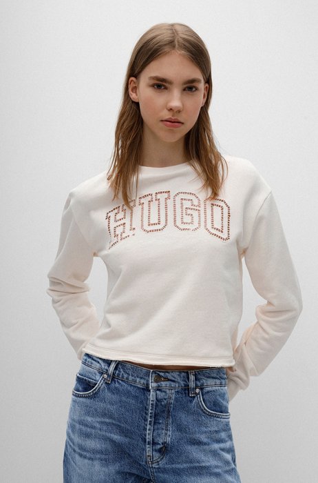 Organic-cotton sweatshirt with eyelet-embroidered logo, White
