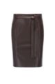 Faux-leather pencil skirt with stitch-trimmed tie belt, Dark Brown