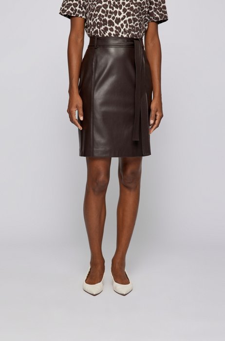 Faux-leather pencil skirt with stitch-trimmed tie belt, Dark Brown
