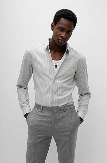 条纹装饰修身易烫棉衬衫,  030_Medium Grey