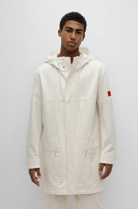 Stretch-cotton parka jacket with red logo label, White