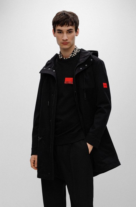 Stretch-cotton parka jacket with red logo label, Black