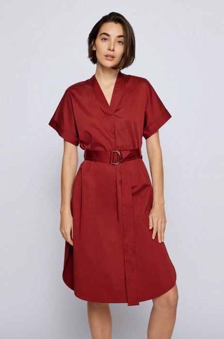 V-neck dress in stretch-cotton satin, Dark Red