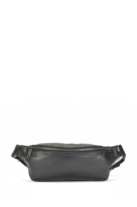 Italian-leather belt bag with signature-stripe webbing, Black
