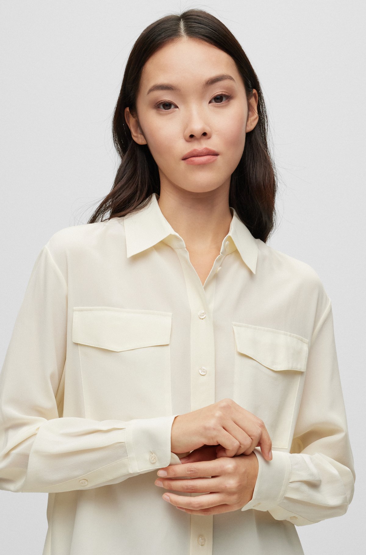 Regular-fit blouse van sandwashed zijden canvas, Wit