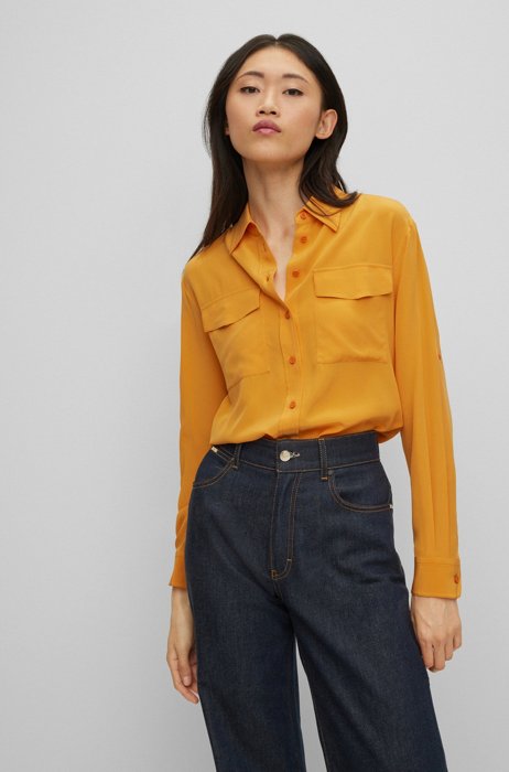 Regular-fit blouse in sandwashed silk canvas, Yellow