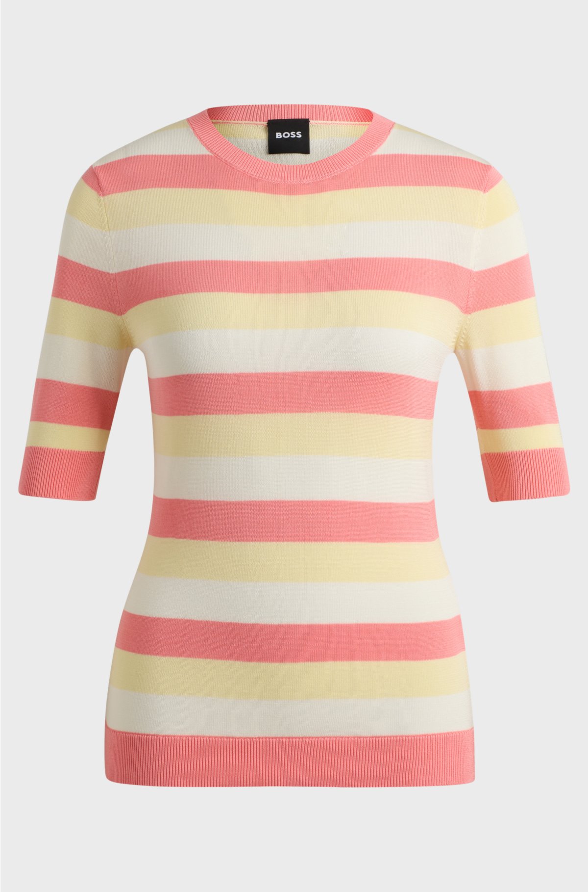 Cropped-sleeve sweater with horizontal stripes, Patterned