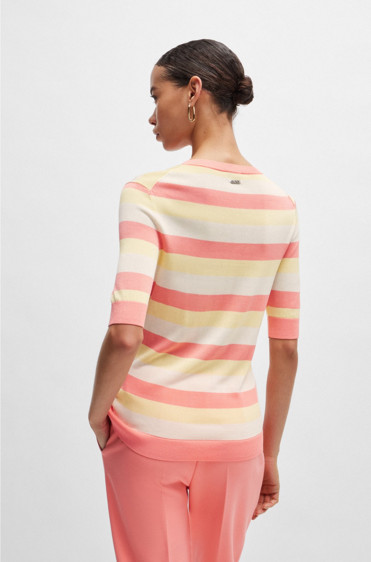 Cropped-sleeve sweater with horizontal stripes, Patterned
