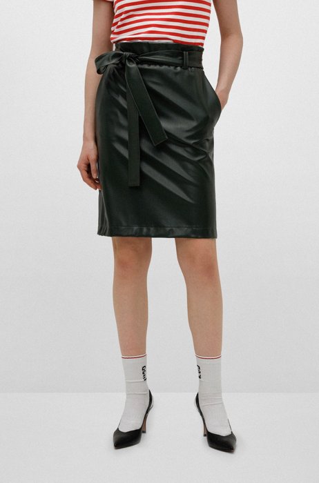 Faux-leather regular-fit A-line skirt with belt, Dark Green