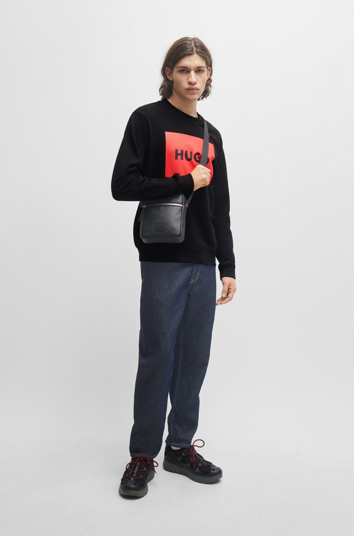 Cotton-terry sweater with red logo print, Black