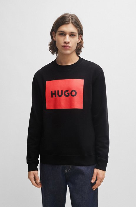 Cotton-terry sweater with red logo print, Black