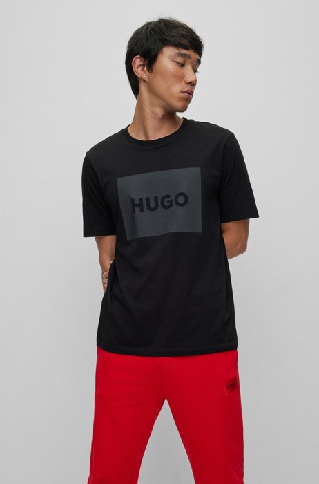 T-shirt en coton avec étiquette logo rouge, Noir