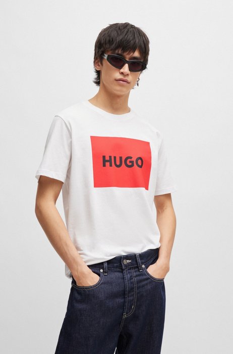 T-shirt en coton avec étiquette logo rouge, Blanc